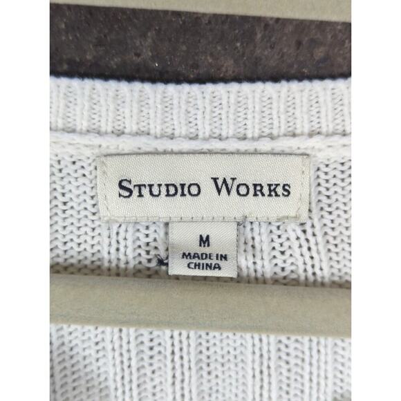 Studio Works Sweater Woman's Medium White Cable Knit Lace Up Neck Minimalist - Picture 4 of 11